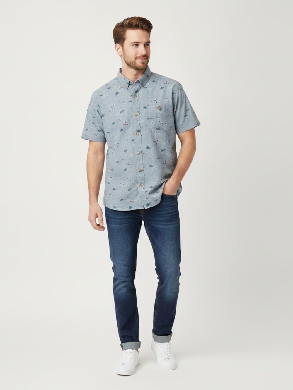 Duluth Trading Co Light Blue Short-Sleeve Button-Down with Nautical Print